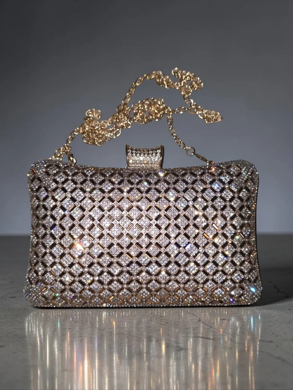 Vintage Rhinestone Crystal Evening Clutch Gold Chain Glam Cocktail Bag